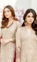 Embroidered Chiffon front with sequins– 30 inch Embroidered Chiffon back – 30 inch Embroidered Chiffon sleeves – 1.25 Meter Embroidered tissue sleeves lace – 1.25 Meter Embroidered tissue ghera lace – 1.5 Meter Embroidered Chiffon dupatta – 2.50 Meter Raw silk trouser – 2.5 Meter Embroidered tissue trouser patch