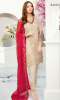 Embroidered Chiffon front with sequins– 30 inch Embroidered Chiffon back – 30 inch Embroidered Chiffon sleeves – 1.25 Meter Embroidered tissue sleeves lace – 1.25 Meter Embroidered tissue ghera lace – 1.5 Meter Embroidered Chiffon dupatta – 2.50 Meter Raw silk trouser – 2.5 Meter Embroidered tissue trouser patch