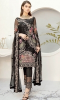 Embroidered Chiffon front with sequins– 30 inch Embroidered Chiffon back – 30 inch Embroidered Chiffon sleeves – 1.25 Meter Embroidered tissue sleeves lace – 1.25 Meter Embroidered tissue ghera lace – 1.5 Meter Embroidered Chiffon dupatta – 2.50 Meter Raw silk trouser – 2.5 Meter Embroidered tissue trouser patch