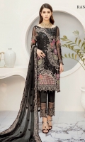 Embroidered Chiffon front with sequins– 30 inch Embroidered Chiffon back – 30 inch Embroidered Chiffon sleeves – 1.25 Meter Embroidered tissue sleeves lace – 1.25 Meter Embroidered tissue ghera lace – 1.5 Meter Embroidered Chiffon dupatta – 2.50 Meter Raw silk trouser – 2.5 Meter Embroidered tissue trouser patch