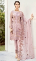 Embroidered Chiffon front with sequins– 30 inch Embroidered Chiffon back – 30 inch Embroidered Chiffon sleeves – 1.25 Meter Embroidered tissue sleeves lace – 1.25 Meter Embroidered tissue ghera lace – 1.5 Meter Embroidered Chiffon dupatta – 2.50 Meter Raw silk trouser – 2.5 Meter Embroidered tissue trouser patch