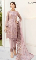 Embroidered Chiffon front with sequins– 30 inch Embroidered Chiffon back – 30 inch Embroidered Chiffon sleeves – 1.25 Meter Embroidered tissue sleeves lace – 1.25 Meter Embroidered tissue ghera lace – 1.5 Meter Embroidered Chiffon dupatta – 2.50 Meter Raw silk trouser – 2.5 Meter Embroidered tissue trouser patch