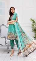 Shirt: Finest Digital Printed Luxury Lawn (3 Mtr) Duppatta: Digital Printed Embroidered Chiffon (2.5 Mtr) Trouser: Dyed Premium Cotton (2.5 Mtr)