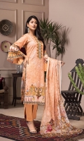 Shirt: Luxury Lawn Digital Printed Chikan Kari Embroidery front with Digital Printed back and sleeves (3 Mtr) Duppatta: Digital Printed Pure Embroidered Bambar Chiffon (2.5 Mtr) Trouser: Premium Dyed Cotton (2.5 Mtr)