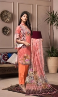 Shirt: Luxury Lawn Digital Printed Chikan Kari Embroidery front with Digital Printed back and sleeves (3 Mtr) Duppatta: Digital Printed Pure Embroidered Bambar Chiffon (2.5 Mtr) Trouser: Premium Dyed Cotton (2.5 Mtr)