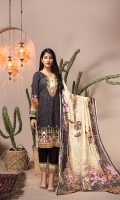 Shirt: Luxury Lawn Digital Printed Chikan Kari Embroidery front with Digital Printed back and sleeves (3 Mtr) Duppatta: Digital Printed Pure Embroidered Bambar Chiffon (2.5 Mtr) Trouser: Premium Dyed Cotton (2.5 Mtr)