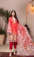 Shirt: Luxury Lawn Digital Printed Chikan Kari Embroidery front with Digital Printed back and sleeves (3 Mtr) Duppatta: Digital Printed Pure Embroidered Bambar Chiffon (2.5 Mtr) Trouser: Premium Dyed Cotton (2.5 Mtr)