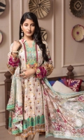 Shirt: Luxury Lawn Digital Printed Chikan Kari Embroidery front with Digital Printed back and sleeves (3 Mtr) Duppatta: Digital Printed Pure Embroidered Bambar Chiffon (2.5 Mtr) Trouser: Premium Dyed Cotton (2.5 Mtr)