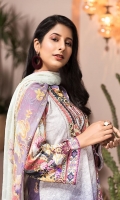 Shirt: Luxury Lawn Digital Printed Chikan Kari Embroidery front with Digital Printed back and sleeves (3 Mtr) Duppatta: Digital Printed Pure Embroidered Bambar Chiffon (2.5 Mtr) Trouser: Premium Dyed Cotton (2.5 Mtr)