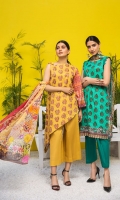 Shirt: Luxury Lawn Saffron Digital Embroidery + Chikan Kari Embroidery front with Digital Printed back and sleeves (3 Mtr) Dupatta: Digital Printed Pure Bambar Chiffon (2.5 Mtr) Trouser: Premium Dyed Cotton (2.5 Mtr)