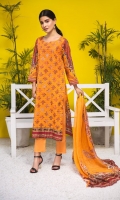 Shirt: Luxury Lawn Saffron Digital Embroidery + Chikan Kari Embroidery front with Digital Printed back and sleeves (3 Mtr) Dupatta: Digital Printed Pure Bambar Chiffon (2.5 Mtr) Trouser: Premium Dyed Cotton (2.5 Mtr)