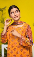 Shirt: Luxury Lawn Saffron Digital Embroidery + Chikan Kari Embroidery front with Digital Printed back and sleeves (3 Mtr) Dupatta: Digital Printed Pure Bambar Chiffon (2.5 Mtr) Trouser: Premium Dyed Cotton (2.5 Mtr)