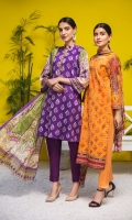 Shirt: Luxury Lawn Saffron Digital Embroidery + Chikan Kari Embroidery front with Digital Printed back and sleeves (3 Mtr) Dupatta: Digital Printed Pure Bambar Chiffon (2.5 Mtr) Trouser: Premium Dyed Cotton (2.5 Mtr)