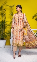 Shirt: Luxury Lawn Saffron Digital Embroidery + Chikan Kari Embroidery front with Digital Printed back and sleeves (3 Mtr) Dupatta: Digital Printed Pure Bambar Chiffon (2.5 Mtr) Trouser: Premium Dyed Cotton (2.5 Mtr)