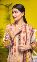Shirt: Luxury Lawn Saffron Digital Embroidery + Chikan Kari Embroidery front with Digital Printed back and sleeves (3 Mtr) Dupatta: Digital Printed Pure Bambar Chiffon (2.5 Mtr) Trouser: Premium Dyed Cotton (2.5 Mtr)