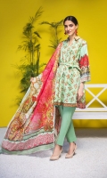 Shirt: Luxury Lawn Saffron Digital Embroidery + Chikan Kari Embroidery front with Digital Printed back and sleeves (3 Mtr) Dupatta: Digital Printed Pure Bambar Chiffon (2.5 Mtr) Trouser: Premium Dyed Cotton (2.5 Mtr)