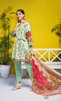 Shirt: Luxury Lawn Saffron Digital Embroidery + Chikan Kari Embroidery front with Digital Printed back and sleeves (3 Mtr) Dupatta: Digital Printed Pure Bambar Chiffon (2.5 Mtr) Trouser: Premium Dyed Cotton (2.5 Mtr)