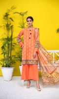 Shirt: Luxury Lawn Saffron Digital Embroidery + Chikan Kari Embroidery front with Digital Printed back and sleeves (3 Mtr) Dupatta: Digital Printed Pure Bambar Chiffon (2.5 Mtr) Trouser: Premium Dyed Cotton (2.5 Mtr)