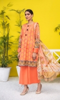 Shirt: Luxury Lawn Saffron Digital Embroidery + Chikan Kari Embroidery front with Digital Printed back and sleeves (3 Mtr) Dupatta: Digital Printed Pure Bambar Chiffon (2.5 Mtr) Trouser: Premium Dyed Cotton (2.5 Mtr)