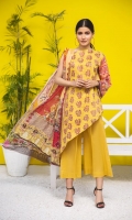 Shirt: Luxury Lawn Saffron Digital Embroidery + Chikan Kari Embroidery front with Digital Printed back and sleeves (3 Mtr) Dupatta: Digital Printed Pure Bambar Chiffon (2.5 Mtr) Trouser: Premium Dyed Cotton (2.5 Mtr)