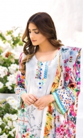 Shirt: Luxury Lawn Digital Printed Chikan Kari Embroidery front with Digital Printed back and sleeves (3 Mtr) Duppatta: Digital Printed Pure Embroidered Bambar Chiffon (2.5 Mtr) Trouser: Premium Dyed Cotton (2.5 Mtr)