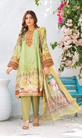 Shirt: Luxury Lawn Digital Printed Chikan Kari Embroidery front with Digital Printed back and sleeves (3 Mtr) Duppatta: Digital Printed Pure Embroidered Bambar Chiffon (2.5 Mtr) Trouser: Premium Dyed Cotton (2.5 Mtr)