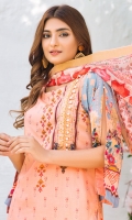 Shirt: Luxury Lawn Digital Printed Chikan Kari Embroidery front with Digital Printed back and sleeves (3 Mtr) Duppatta: Digital Printed Pure Embroidered Bambar Chiffon (2.5 Mtr) Trouser: Premium Dyed Cotton (2.5 Mtr)