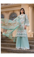 Front: digital print with embroidered on lawn. Back: digital print. Back boarder: 1pc embroidered on organza. Sleeves: digital print on lawn Sleeve’s motif: 1pc embroidered on organza. Sleeve’s boarder: 1pc embroidered on organza. Dupatta: 2.5-meter sublimation print on organza. Trouser boarder: 1pc embroidered on organza. Trouser: 2.5-meter cambric