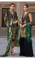 Front: full embroidered on lawn. Front neckline: 1pc on organza embroidered. Front daman: 1pc on organza embroidered. Front board: 1pc on organza embroidered. Selves: 1pc on embroidered lawn. Selves patch: 1pc on embroidered lawn. Back: Embroidered on lawn. Back daman: 1pc on organza embroidered. Back board: 1pc on organza embroidered. Dupatta: 2.5-meter digital print on silk. Trousers:2.5 meter on cambric.
