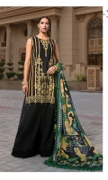 Front: full embroidered on lawn. Front neckline: 1pc on organza embroidered. Front daman: 1pc on organza embroidered. Front board: 1pc on organza embroidered. Selves: 1pc on embroidered lawn. Selves patch: 1pc on embroidered lawn. Back: Embroidered on lawn. Back daman: 1pc on organza embroidered. Back board: 1pc on organza embroidered. Dupatta: 2.5-meter digital print on silk. Trousers:2.5 meter on cambric.