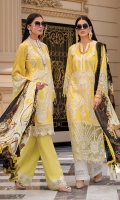 Front: full embroidered on lawn Back: digital print on lawn Back daman patch: 2pc on organza embroidered. Front daman Patch: 1pc on organza embroidered. Front daman boarder: 2pc on organza embroidered. Sleeves: digital print on lawn Sleeve’s patch: 1pc on organza embroidered. Dupatta: 2.5-meter digital print on silk Trouser patch: 1pc on organza embroidered. Trouser: 2.5-meter cambric