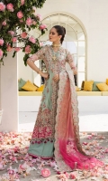 Heavily worked full flared Anghrakha and Sharara with the delicate embroidery paired with ombre dupatta with heavy contrasting silk fully worked borders and gorgeous tassels with cotton silk slip.