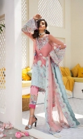 A pretty Japanese motif pink and ice blue embroided satin swing shirt heavy worked of crystals and pearls paired with embroided patch pants and scalloped dupuatta with cotton silk slip.