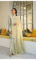 Soft yellow organza shirt with floral embroidery fully embellished with crystals, pearls and multi with hanging pearls tassels. Paired with fully worked pants and dupatta cotton slip also included.