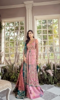 Our most sought after design, 'Jolie' is flared front open gown with exquisite embroidery and handwork. It is paired with a lush pink printed kathan silk sharara, styled with a minutely detailed hand screen printed dupatta and is finished with contrasting teal borders.