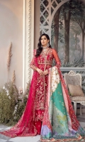 'La Mariee' is an epitome of the festive season. It quotes an exquisite silhouette on a crimson ruby red base, with pretty and delicate embellishments and detailed flamboyant embroidery composition. The ensemble is with a tulle embroidered dupatta and a kathan printed shawl bedazzled with pearls and swarovskis.