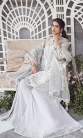 With winters comes the dusky grey 'le Voile'. Flamboyant paneled organza shirt featuring a blend of florals and Egyptian elements beautifully handworked with pearls and swarovskis. It is paired with a lush velvet flared pants and densely sprayed swarovskis dupata finished with an alluring embroidered border.