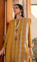 Shine bright this winter in this gorgeous Medallion self-jacquard canvas open shirt which is furnished with embroidery in its front with the hues of blue. Paired with a beautifully embroidered shawl with lace on its four sides complemented with a monotone trouser. This graceful design is sure to keep you chic through the cold season.