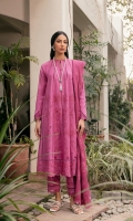 This khalidar outfit is rendered in flamingo pink enlivened with intricate and gorgeous embroidered Kalis in the front with cutwork on its Daman. It is paired with a screen printed laced Wool shawl and detailed monotone trouser for a classic semi-formal look.