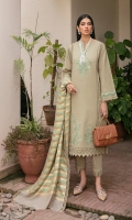A graceful look with a serene colour palette featuring resham and tilla embroidery with scalloped sleeves on a soft soothing hue of Artichoke green. Complementary scalloped laced tonal trouser with a Jaquard Wool Shawl.