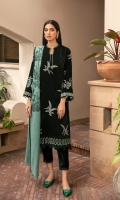 A breathtaking velvet bottle green outfit finely crafted with contemporary motifs on its front and sleeves. It's styled with screen printed shawl and lace on its four sides complemented with monotone pants