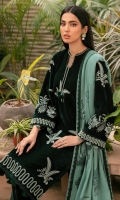 A breathtaking velvet bottle green outfit finely crafted with contemporary motifs on its front and sleeves. It's styled with screen printed shawl and lace on its four sides complemented with monotone pants
