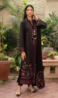 Midnight black front open jacket layered with floral intricate embroidery in hues of pink on its daman. Paired with embroidered wool shawl accompanied with detailed straight cut monotone pants, this look is truly timeless.