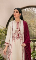 This Pearl white ensemble is vivified with a beautiful self-coloured and maroon embroidery on the front. The embroidered Daman is adorned with exquisite laser cut. Paired with straight-cut monotone pants and embroidered wool shawl adding a touch of feminine grace to this chic ensemble.