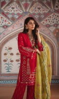 Embroidered Front+Sleeves & Back (Dyed) on Lawn 2.3 Meter Embroidered Dupatta Rocket Net 2.5 Meter Cambric Trouser 2 Meter Embroidered Dupatta Pallu Rocket Net 2 PCS Embroidered Back Motif Lawn 1 Pair Embroidered Hem Border Organza 1.5 Meter