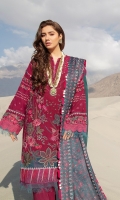 Digital printed Shawl with embroidery 2.70m Embroidered Shirt front Karandi 1m Dyed Shirt back Karandi 1m Embroidered Sleeves 0.50 m Embroidered Hem border Organza 1.5m Embroidered Cuff border Organza 1.1m Embroidered Trouser border Organza)1.3m Embroidered back Neckline Organza 1PC Dyed Trouser Karandi 2.50m