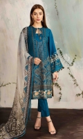 EMBROIDERED FRONT                                            EMBROIDERED BACK                                                        PLAIN SLEEVES                                                EMBROIDERED BORDER FOR FRONT AND BACK EMBROIDERED BORDERS FOR SLEEVES                         CHIFFON PRINTED DUPATTA                                                   PLAN TROUSER