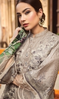 LAWN EMBROIDERED FRONT LAWN EMBROIDERED BACK LAWN EMBROIDERED SLEEVES ORGANZA EMBROIDERED BORDER FOR FRONT AND BACK ORGANZA EMBROIDERED BORDER FOR SLEEVES MEDIUM SILK PRINTED DUPATTA PLAIN TROUSER