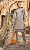 LAWN EMBROIDERED FRONT LAWN EMBROIDERED BACK LAWN EMBROIDERED SLEEVES ORGANZA EMBROIDERED BORDER FOR FRONT AND BACK ORGANZA EMBROIDERED BORDER FOR SLEEVES MEDIUM SILK PRINTED DUPATTA PLAIN TROUSER