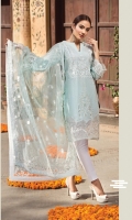 LAWN EMBROIDERED FRONT LAWN EMBROIDERED BACK LAWN EMBROIDERED SLEEVES ORGANZA EMBROIDERED BORDER FOR FRONT ORGANZA EMBROIDERED BORDER FOR BACK ORGANZA EMBROIDERED BORDER FOR SLEEVES POLY NET EMBROIDERED DUPATTA PLAIN TROUSER       